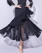 Ballroom asymmetric ruffle cascade dance skirt front view performance