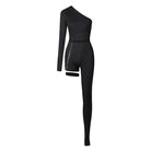Latin Dance Leotard One Shoulder Ribbed Zip Belt Bodysuit, view 9