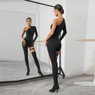 Latin Dance Leotard One Shoulder Ribbed Zip Belt Bodysuit, view 8