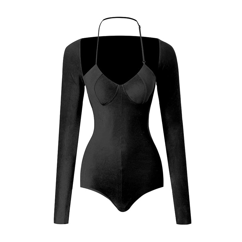 Latin Dance Leotard Corset Bust Halter Long Sleeve Bodysuit, view 4