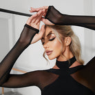 Latin Dance Leotard Mesh Sleeve Cross Strap Open Back Bodysuit, view 9