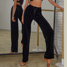 Velvet Latin Dance Pants High Waist Wide Leg Practice Trousers in Black, on model