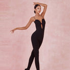 Latin Dance Unitard Deep V Lace Trim Full Length Bodysuit in Black, on model