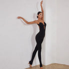 Latin Dance Unitard Deep V Lace Trim Full Length Bodysuit, view 4