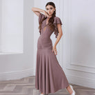 Ballroom Dance Leotard Flutter Sleeve Lace Inset Ruched Bodysuit in Pink, on model