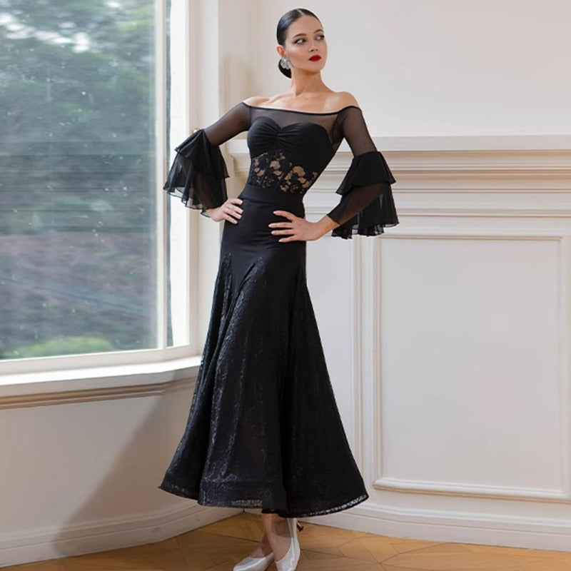 Ballroom Dance Leotard Mesh Yoke Double Flounce Sleeve Bodysuit, view 6