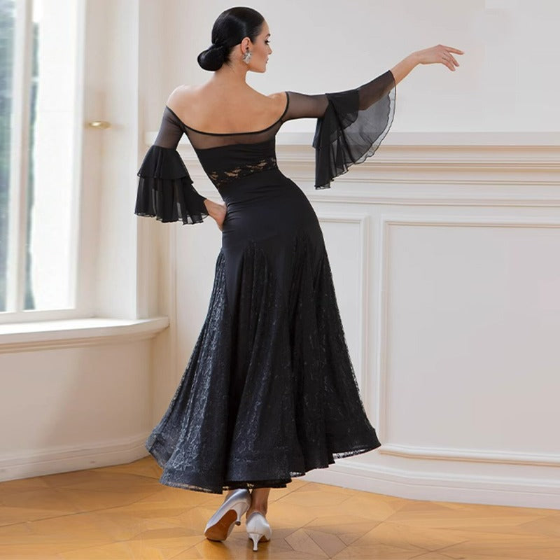 Ballroom Dance Leotard Mesh Yoke Double Flounce Sleeve Bodysuit, view 7