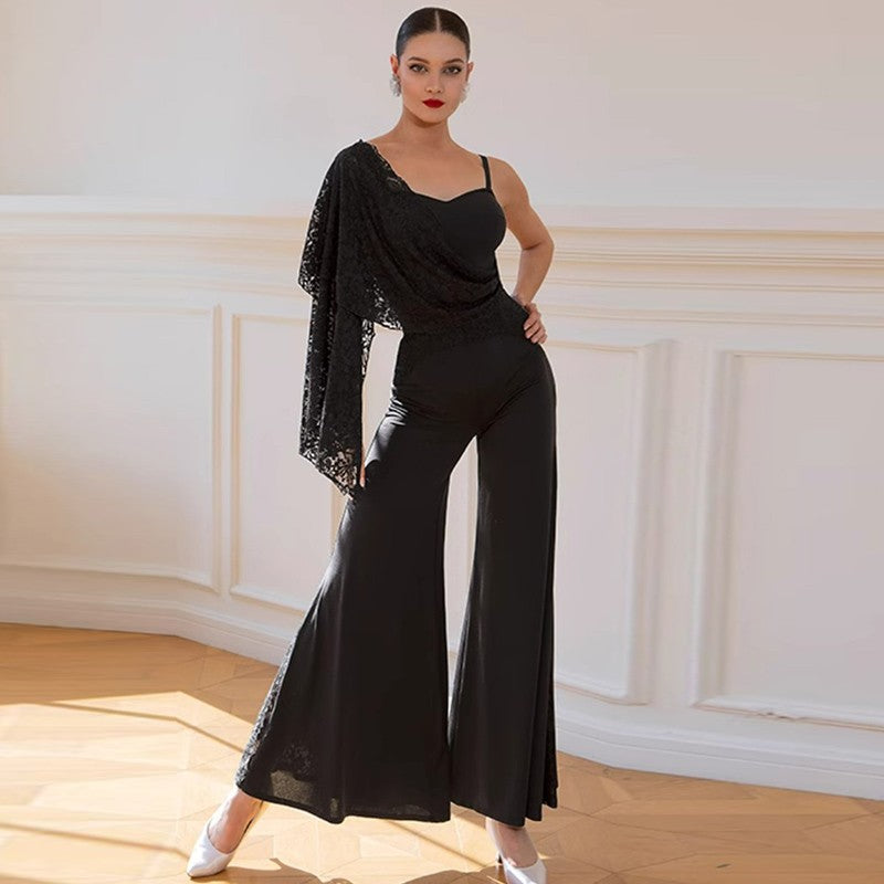 Lace Panel Ballroom Dance Pants Wide Leg Palazzo Practice Trousers, view 3