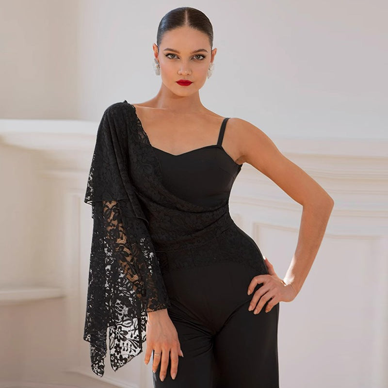 Ballroom Dance Leotard One Shoulder Lace Bell Sleeve Bodysuit, view 3
