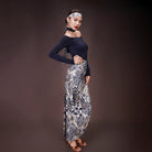 Paisley print long wrap dance skirt, full length view