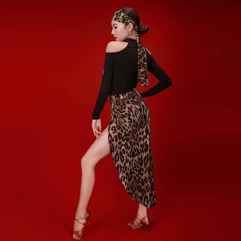 Leopard long wrap dance skirt with slit, back view