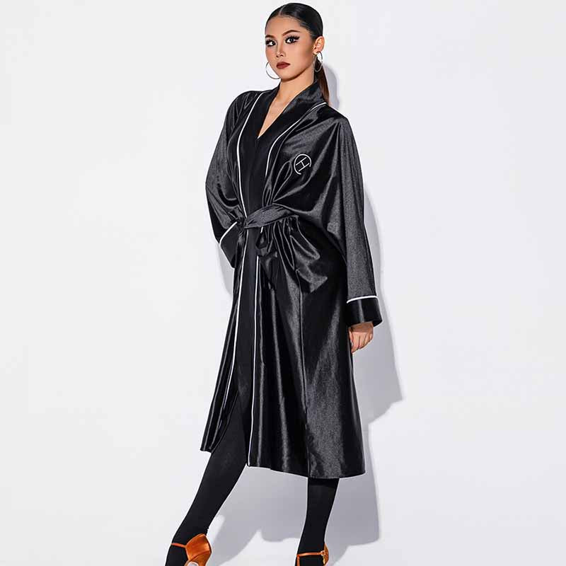 Black satin dance robe belted, three-quarter view
