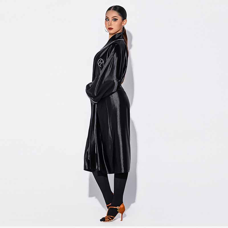 Black satin dance robe, side view