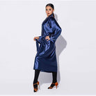 Blue satin dance robe tied with belt, side view