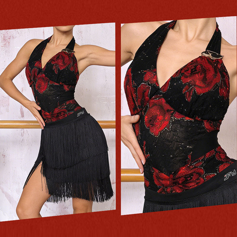 Latin Dance Leotard Rose Print Halter V Neck Bodysuit, view 5