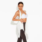 White halter drape Latin dance top over a bra top, front view