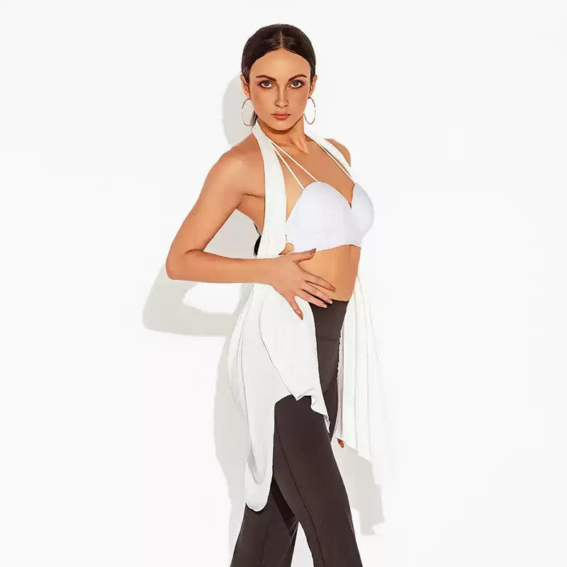 White halter drape Latin dance top over a bra top, front view