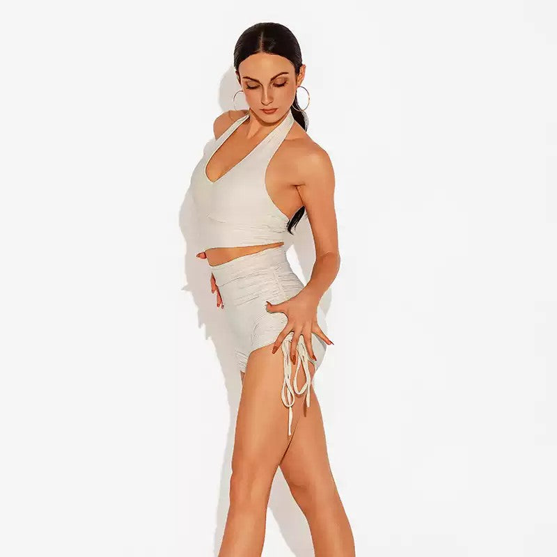 White dance shorts with drawstring, front pose
