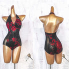 Latin Dance Leotard Rose Print Halter V Neck Bodysuit, view 2