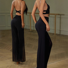 Mesh Insert Latin Dance Pants High Waist Wide Leg Practice Trousers, view 5