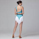 Blue one shoulder fringe dress, full length back view on model