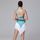 Blue one shoulder fringe dress, back view on model