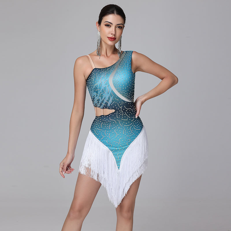 Blue one shoulder latin salsa dance dress with rhinestone bodice, waist cutout and white fringe skirt, worn by model