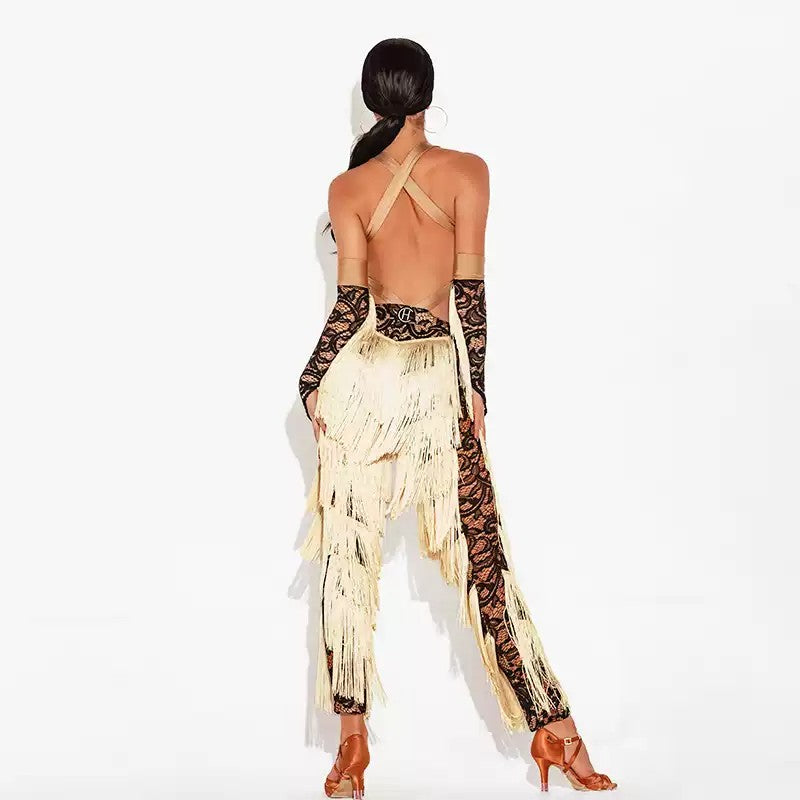 Fringe Latin dance set with cross straps, back view