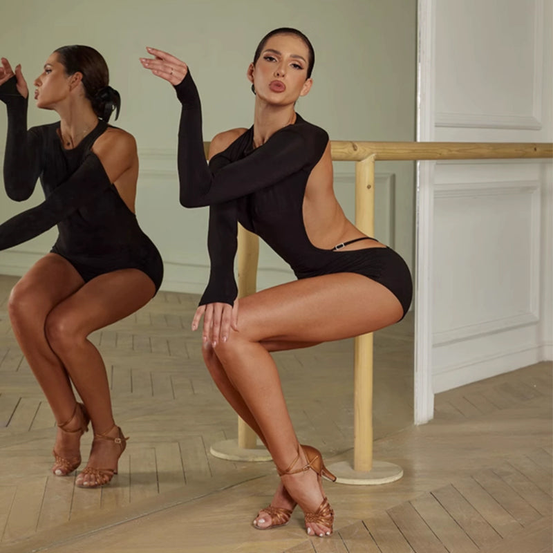 Latin Dance Leotard Cold Shoulder Strappy Open Back Bodysuit, view 3