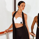 Black halter drape top, close front view