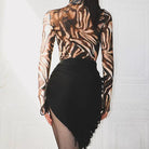 Latin Dance Leotard Animal Print Mesh Mock Neck Bodysuit, view 2