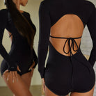 Latin Dance Leotard Scoop Neck Thumbhole Open Back Bodysuit, view 2