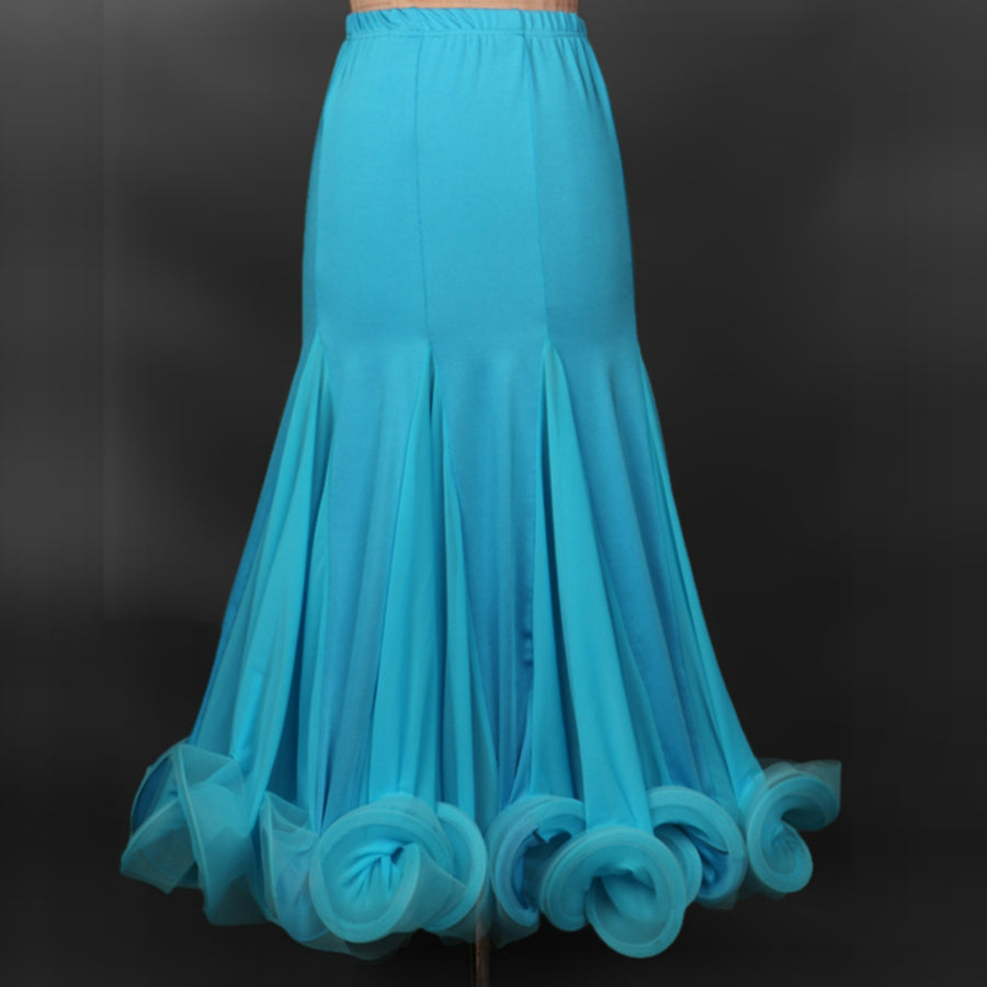 Light sky blue ballroom dance skirt with mermaid flare and organza ruffle hem detail