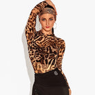Latin Dance Leotard Leopard Turtleneck Long Sleeve Bodysuit in Leopard, on model