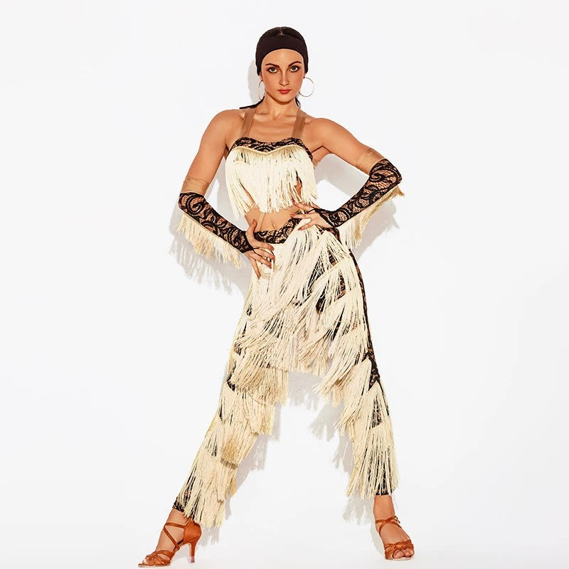 Fringe crop top and lace trim pants set, front view