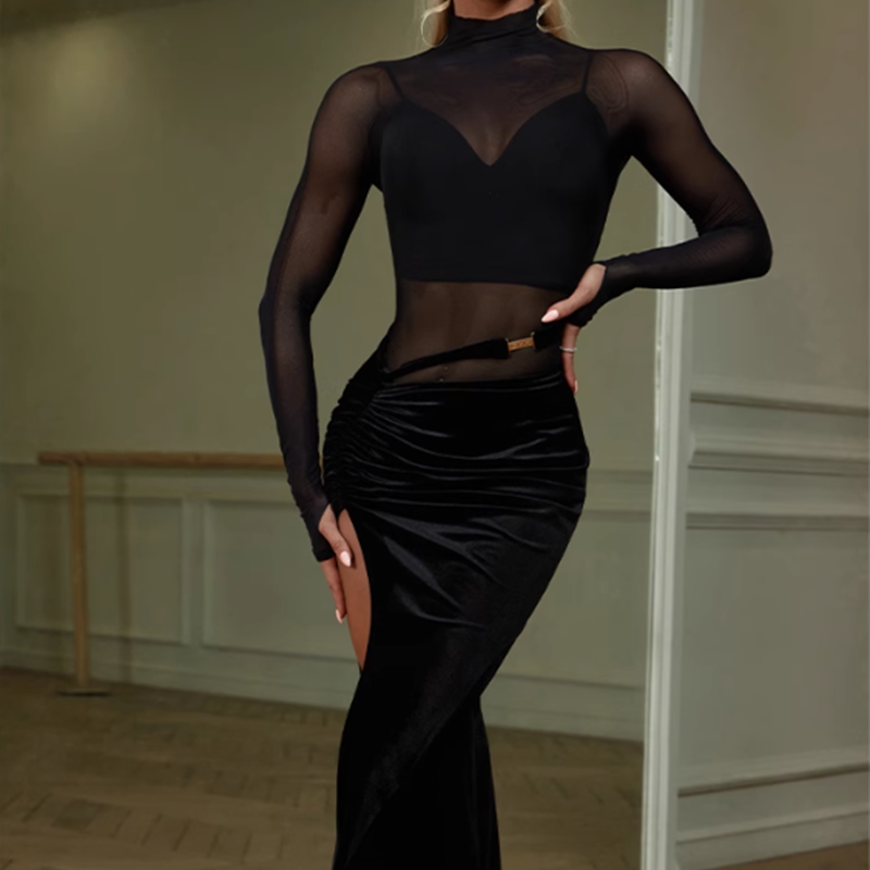 Latin Dance Leotard Leopard Mesh Mock Neck Long Sleeve Bodysuit, view 7