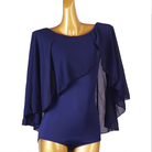 TTdancewear blue chiffon cape sleeve Latin dance leotard bodysuit, front view