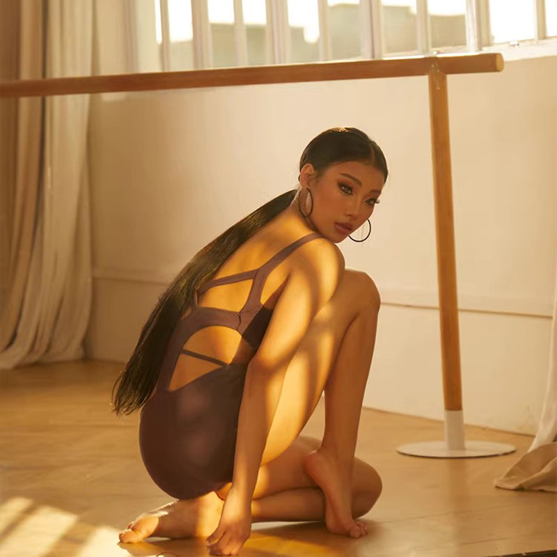 Latin Dance Leotard Sleeveless Deep V Strappy Back Bodysuit, view 6