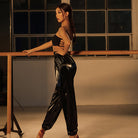 Glossy Sauna Latin Dance Pants High Waist Cuffed Practice Joggers, view 3