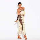 Fringe dance pants with black lace side panel, side view