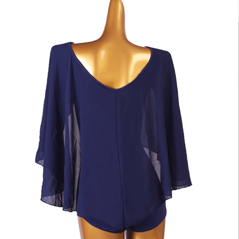 TTdancewear blue chiffon cape sleeve Latin dance bodysuit, deep V back view