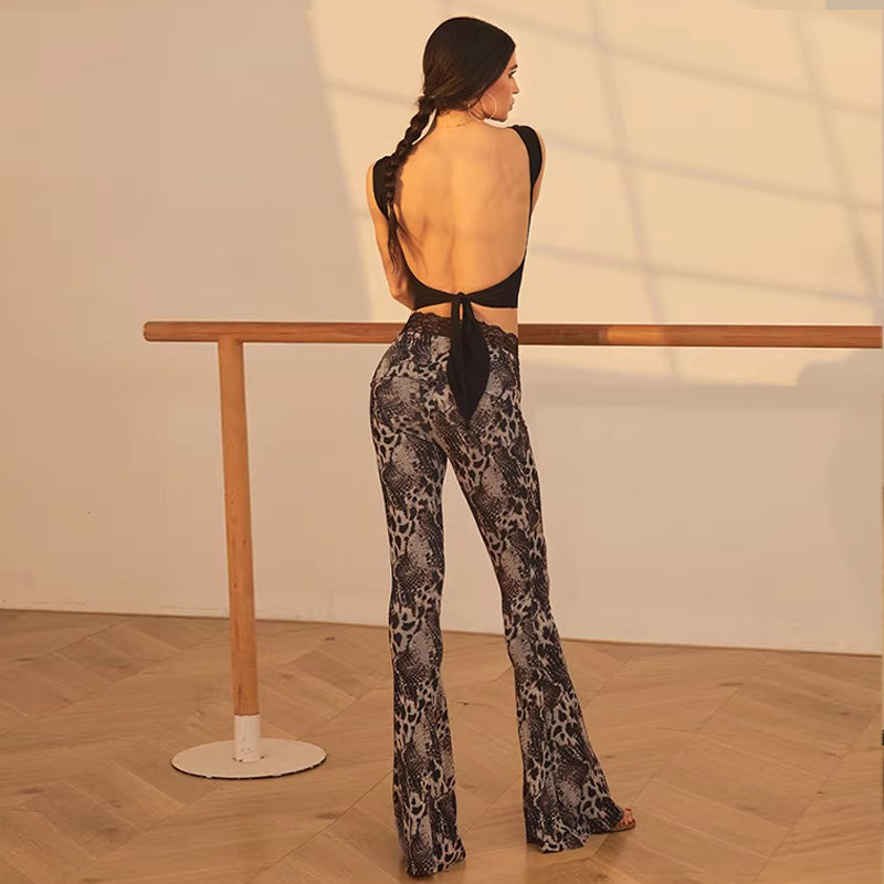 Lace Waist Latin Dance Pants Bell Bottom Flared Practice Trousers, view 3