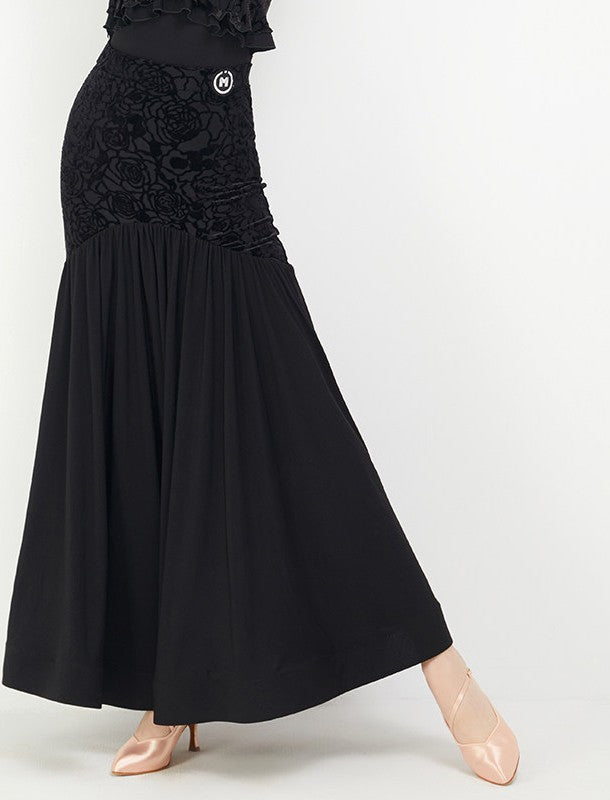 Black floral lace ballroom skirt, full length view