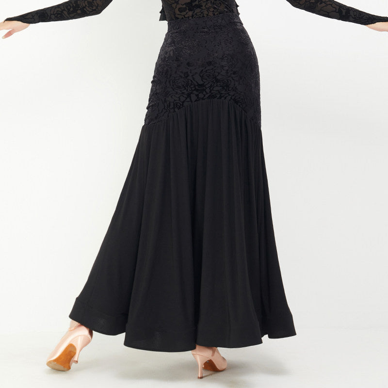Black flared ballroom skirt, back view