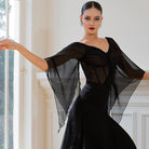 Ballroom Dance Leotard Chiffon Angel Sleeve Sweetheart Bodysuit in Black, on model