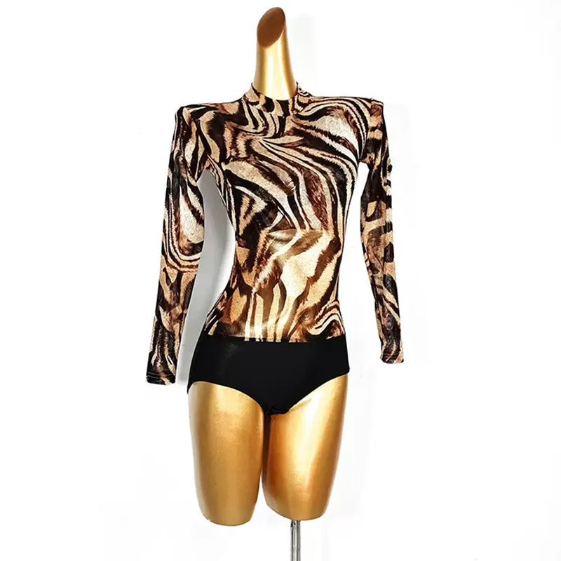 Latin Dance Leotard Animal Print Mesh Mock Neck Bodysuit, view 4