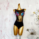 Latin Dance Leotard Rose Print Cup Mesh Panel Bodysuit, view 2