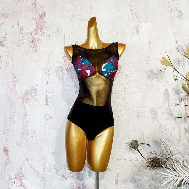 Latin Dance Leotard Rose Print Cup Mesh Panel Bodysuit, view 2