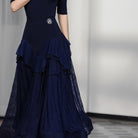 Dark Blue Tiered Ballroom Dance Skirt with Lace Panels, front view