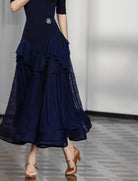 Dark blue tiered ballroom skirt, full length view